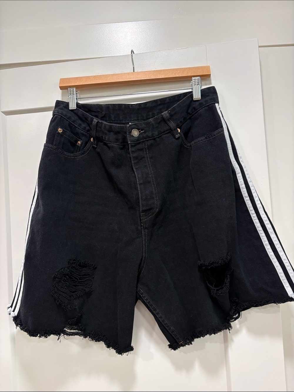 Balenciaga x Addidas Unisex Black Distressed Denim Shorts—GREAT Condition—small